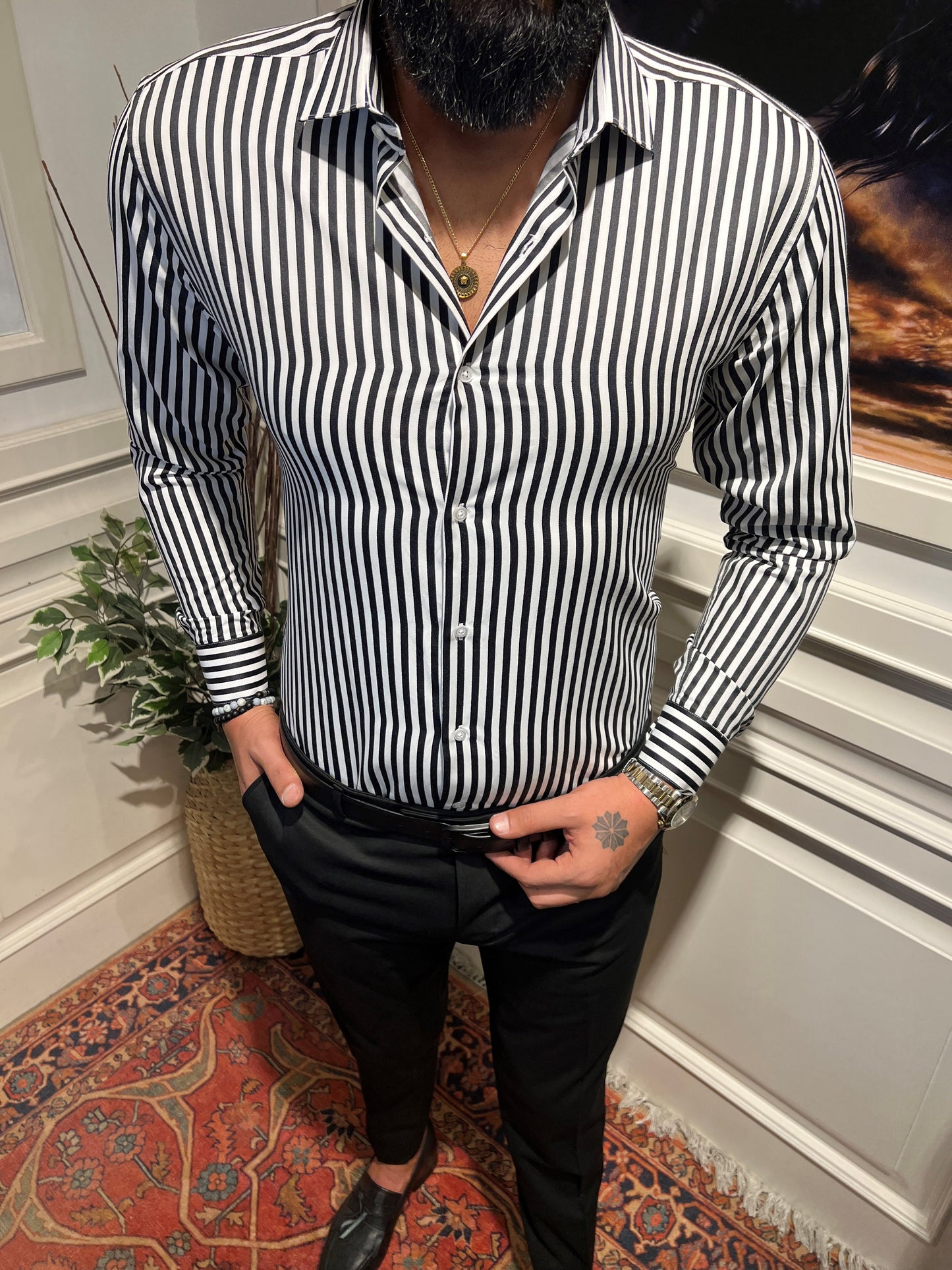 Guild Slim Fit Cotton Striped KING Black Shirt 7036