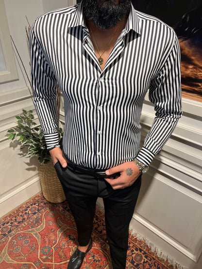 Guild Slim Fit Cotton Striped KING Black Shirt 7036