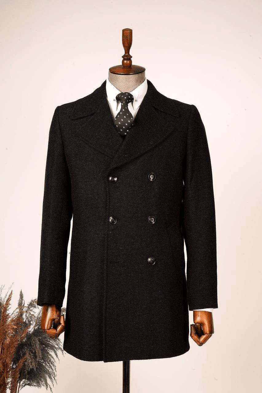 Guild Kavala Double Breasted Diagonal Black Wool Coat