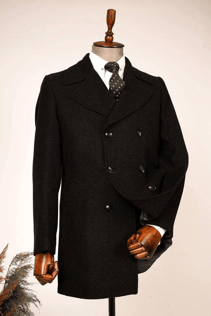 Guild Kavala Double Breasted Diagonal Black Wool Coat