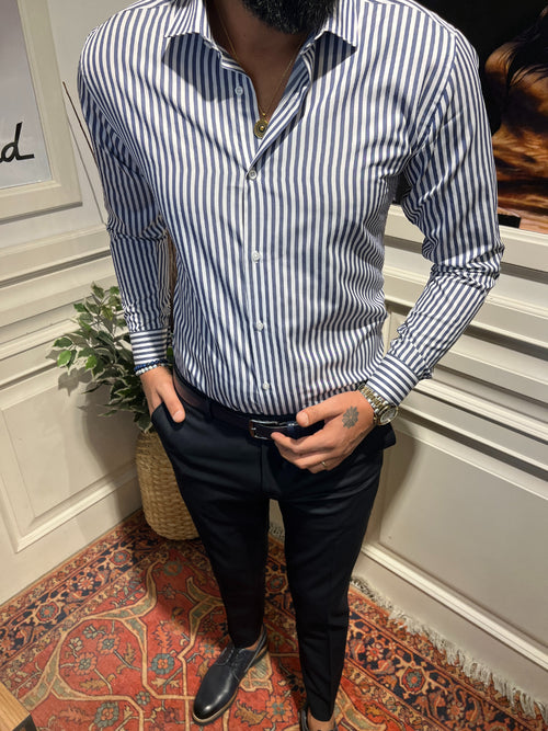 Guild Slim Fit Cotton Striped KING Navy Blue Shirt 7036