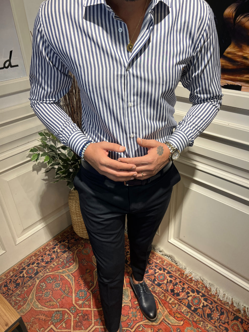 Guild Slim Fit Cotton Striped KING Navy Blue Shirt 7036