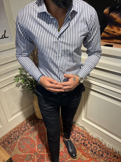 Guild Slim Fit Cotton Striped KING Navy Blue Shirt 7036