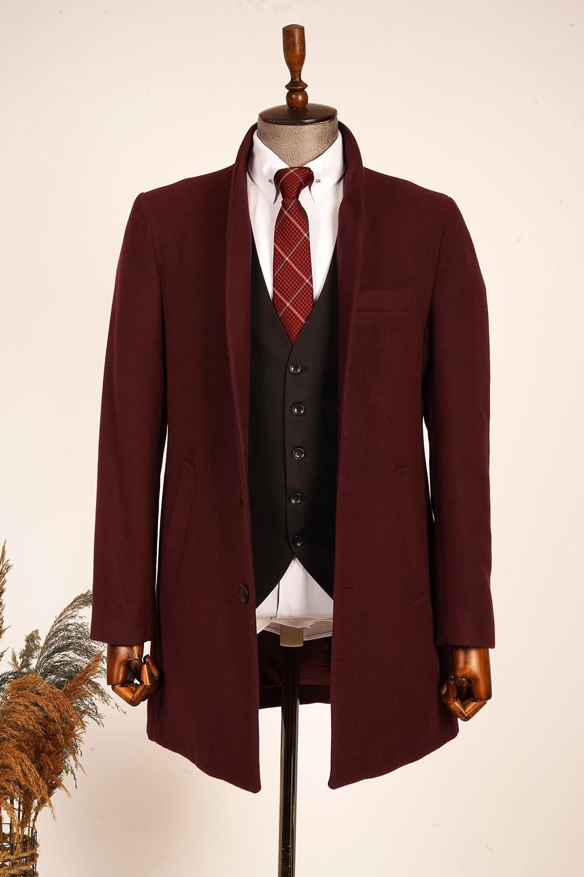 Guild Varna Super Slim Shawl Collar Burgundy Wool Coat